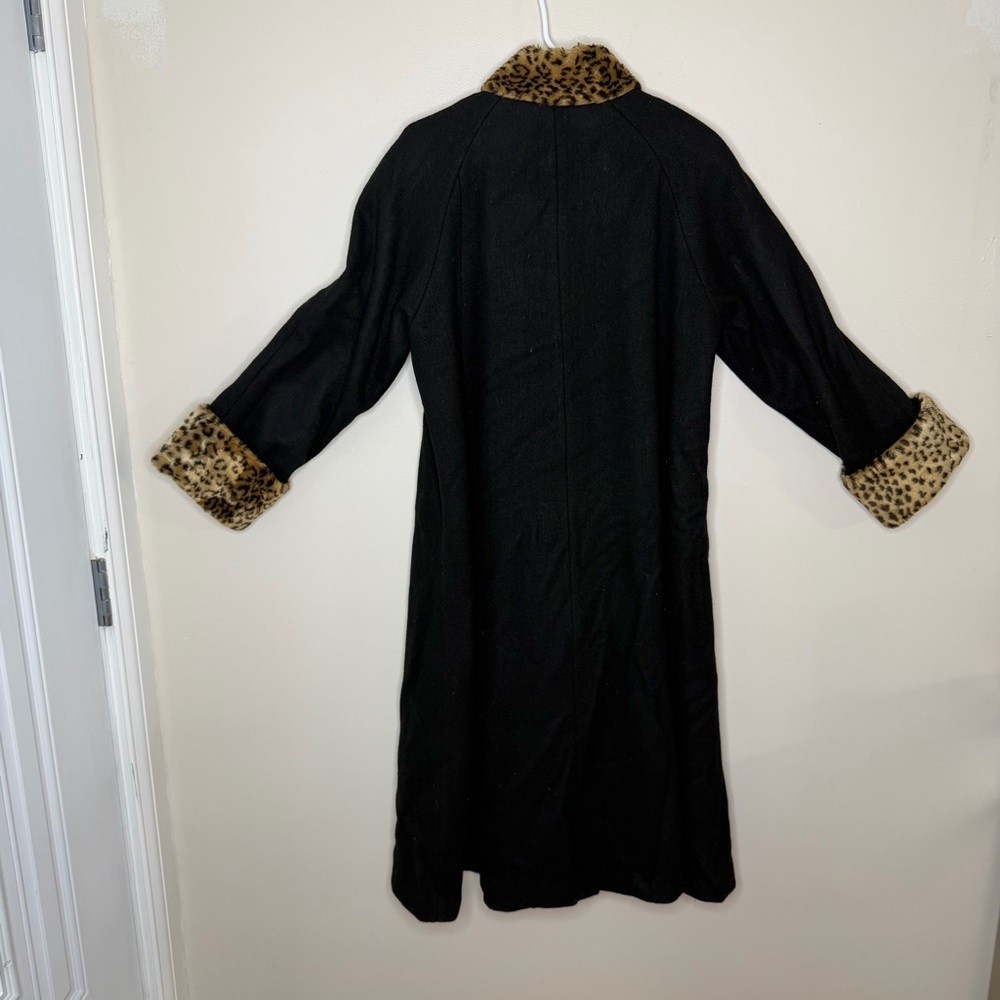 Russell Scott Vintage Coat Black Wool Blend Leopard Trim Long Elegant USA - Picture 4 of 14